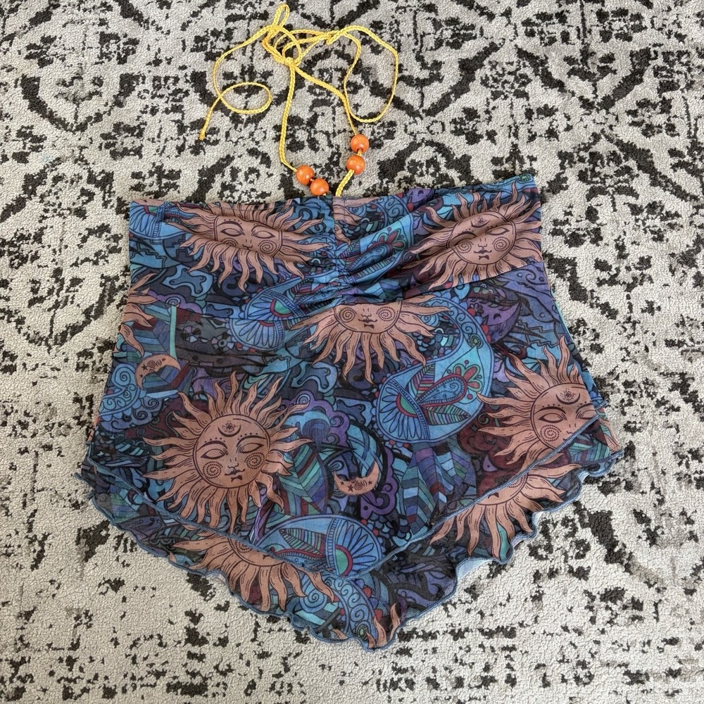 Cropped Halter Celestial Sun Graphic Tube Top Bohemian Size Small Beads Hippie